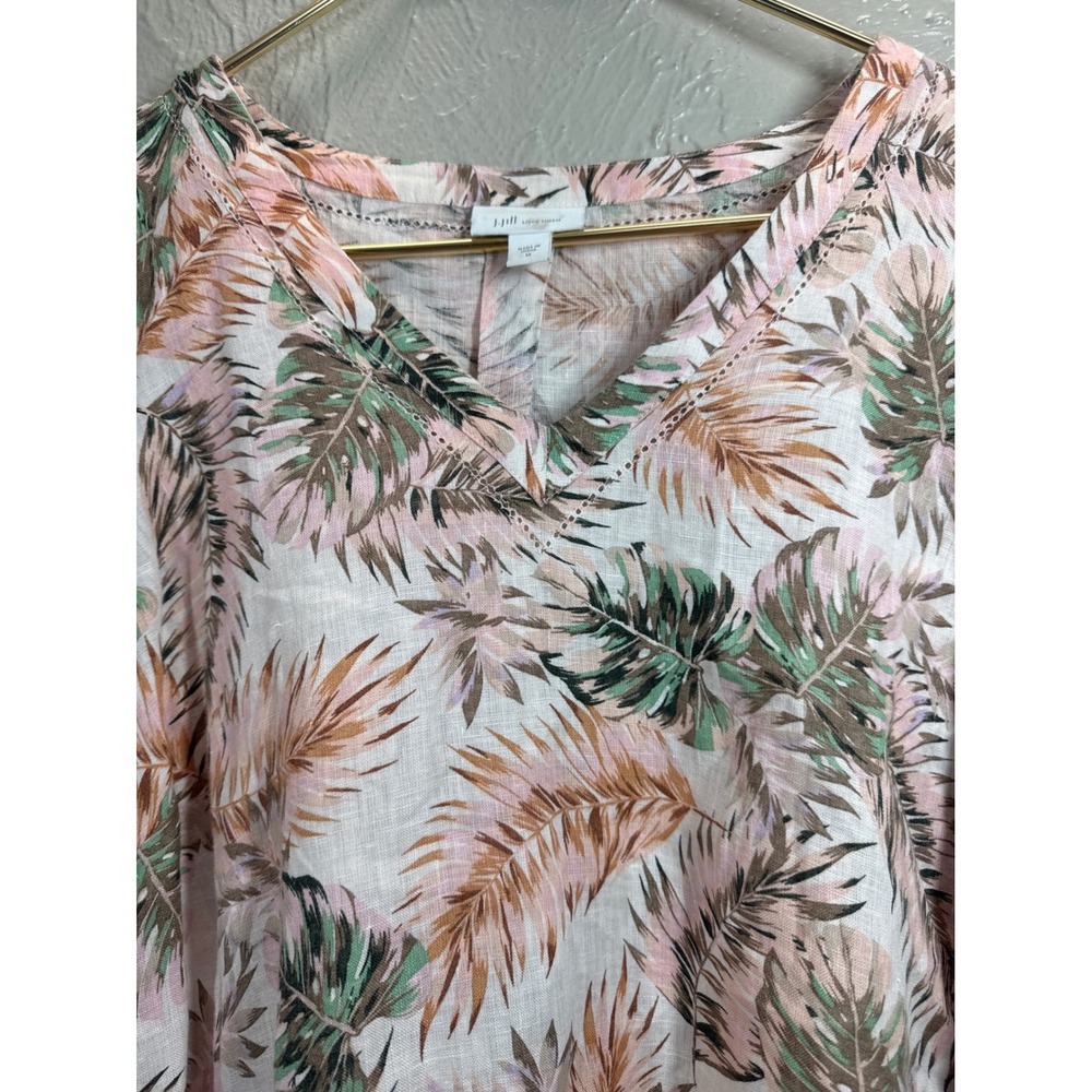 J Jill Love‎ Linen Tropical Palm Leaf Print V Neck Tunic Top Womens Size Medium